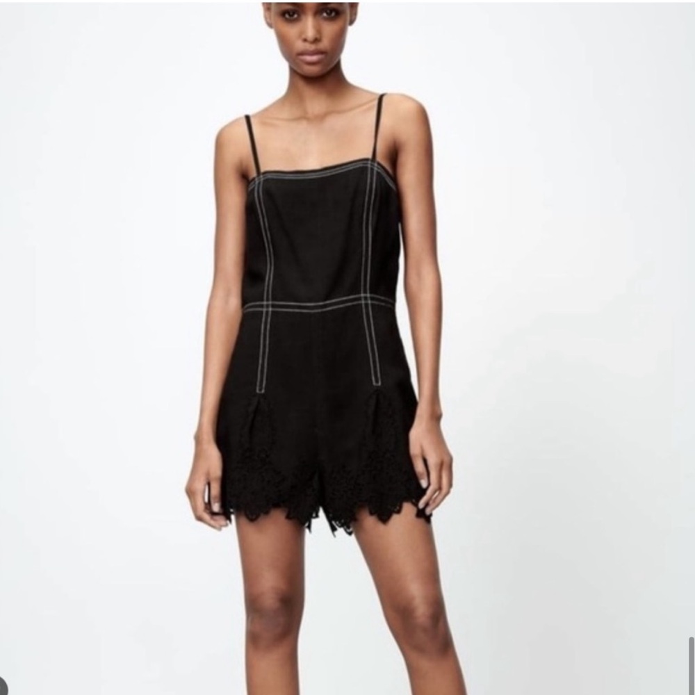 Zara Elegant Black Lace-Trimmed Jumpsuit